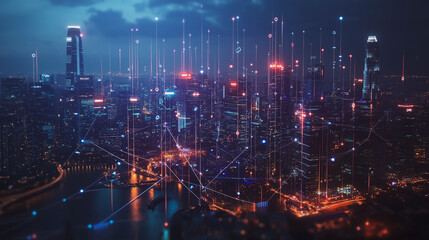 Fototapeta premium smart, digital, city, connection, network, innovation, Smart digital Innovation city with connection network reciprocity over the cityscape. of future smart wireless digital city and social media netw