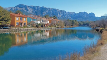 Colorful houses reflected in calm canal water with mountains in background.
