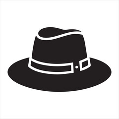 A classic fedora hat silhouette, rendered in bold black lines. vector silhouette on a white background