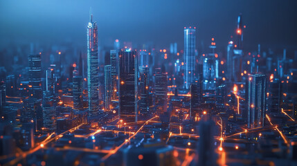 Fototapeta premium Smart digital Innovation city with connection network reciprocity over the cityscape. of future smart wireless digital city and social media networking systems that connects people with in city