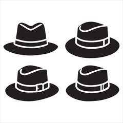 A classic fedora hat silhouette, rendered in bold black lines. vector silhouette on a white background