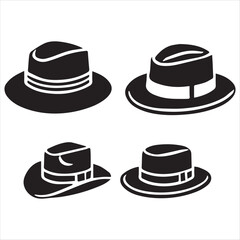 A classic fedora hat silhouette, rendered in bold black lines. vector silhouette on a white background