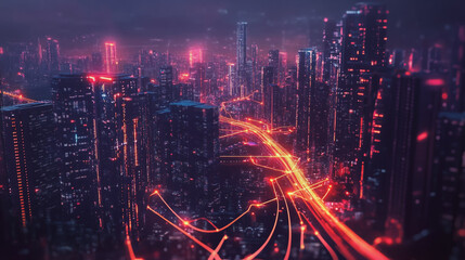 Smart digital Innovation city with connection network reciprocity over the cityscape. of future smart wireless digital city and social media networking systems that connects people with in city