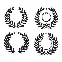 Set of four black and white laurel wreaths with decorative details.