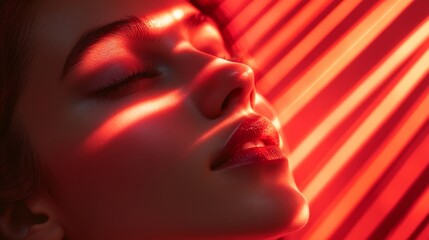 A captivating close-up of a woman's serene face, illuminated by dynamic red lighting and abstract shadows, creating an intimate atmosphere with a sense of mystery.