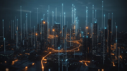 Smart digital Innovation city with connection network reciprocity over the cityscape. of future smart wireless digital city and social media networking systems that connects people with in city