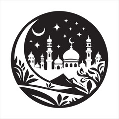 Elegant Black and White Ramadan Kareem Mosque Design vector silhouette on a white background