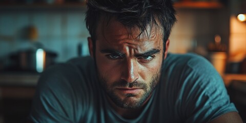 Close-Up of a Sad Man Sitting Alone at Home