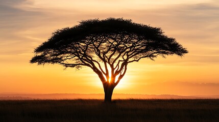 Fototapeta premium Majestic Acacia Silhouette at Golden Hour Sunrise, African Savanna Photo. AI Generated