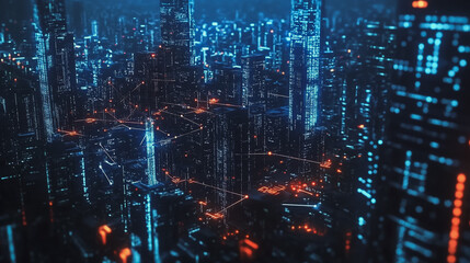 Fototapeta premium Smart digital Innovation city with connection network reciprocity over the cityscape. of future smart wireless digital city and social media networking systems that connects people with in city
