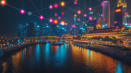 Obraz premium Smart digital Innovation city with connection network reciprocity over the cityscape. of future smart wireless digital city and social media networking systems that connects people with in city