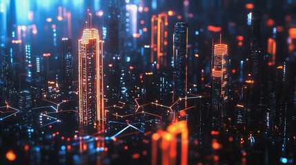 Smart digital Innovation city with connection network reciprocity over the cityscape. of future smart wireless digital city and social media networking systems that connects people with in city