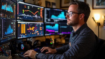 Focused Man Working at Desk Surrounded by Multiple Computer Monitors