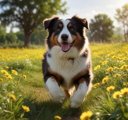 Australian shepherd dog running freely in a field with dandelions and sunshine ,  wildlife,  nature
