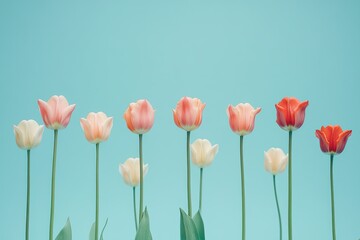 Fototapeta premium Arrangement of tulips lined up against a soft pastel blue background