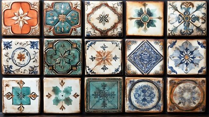 Colorful vintage ceramic tiles arranged in a grid.