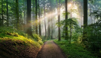 Obraz premium Misty Forest Path Sunbeams, Trees, Ferns, Green, Nature, Trail, Sunlight, Woodland, Morning, Fog, Generated image