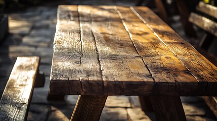 Fototapeta premium Rustic Wooden Picnic Table Photo: Warm Sunlight Bathes Weathered Surface Outdoors. AI Generated