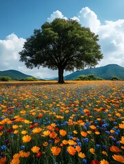 Fototapeta premium Lone tree in vibrant flower field.