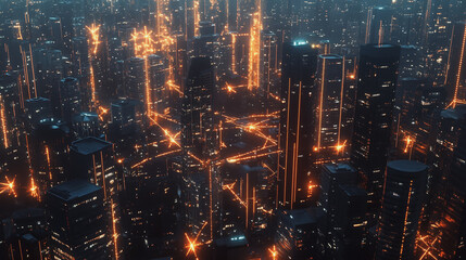 Fototapeta premium Smart digital Innovation city with connection network reciprocity over the cityscape. of future smart wireless digital city and social media networking systems that connects people with in city