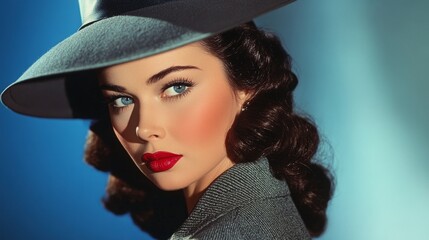 An alluring woman with striking blue eyes and vibrant red lips wears a stylish vintage hat, capturing an essence of old Hollywood glamour and timeless elegance. © Joachim