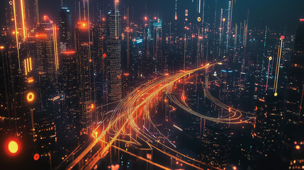 Obraz premium Smart digital Innovation city with connection network reciprocity over the cityscape. of future smart wireless digital city and social media networking systems that connects people with in city