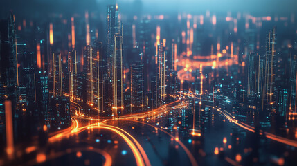 Fototapeta premium Smart digital Innovation city with connection network reciprocity over the cityscape. of future smart wireless digital city and social media networking systems that connects people with in city