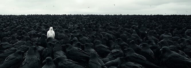 Unique sight of a white raven among a sea of black counterparts in a dramatic landscape, evoking a sense of mystery and wonder at twilight