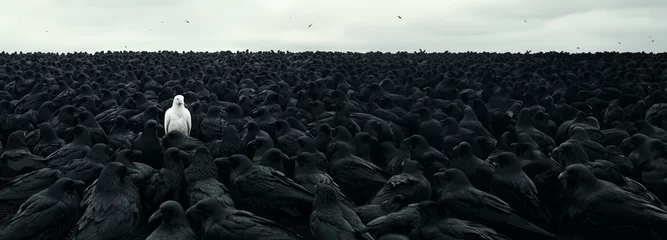 Selbstklebende Fototapeten Unique sight of a white raven among a sea of black counterparts in a dramatic landscape, evoking a sense of mystery and wonder at twilight © Edgars
