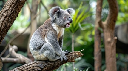 Koala sitting on tree branch in lush green forest.