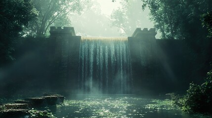 Enchanted Waterfall in a Misty Forest: A Serene Landscape
