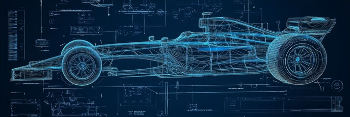 A detailed technical blueprint showcases the intricate design and engineering of a high-performance Formula 1 race car, emphasizing speed and innovation.