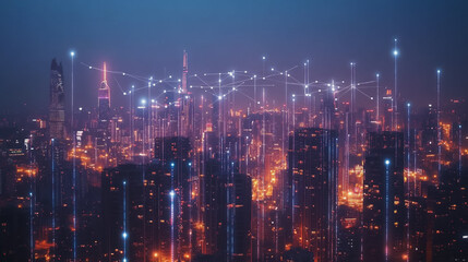 Obraz premium Smart digital Innovation city with connection network reciprocity over the cityscape. of future smart wireless digital city and social media networking systems that connects people with in city
