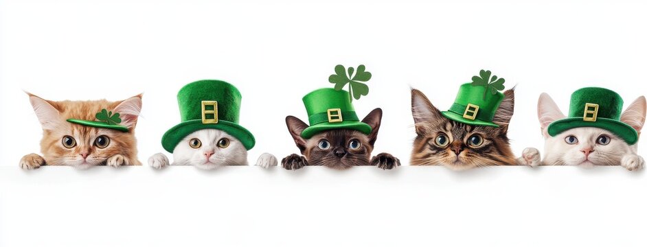 Adorable group of cats wearing festive green hats with shamrocks, perfect for celebrating Saint Patrick's Day in a fun and whimsical manner