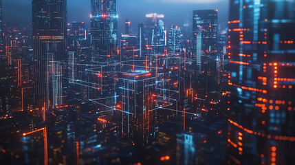 Fototapeta premium Smart digital Innovation city with connection network reciprocity over the cityscape. of future smart wireless digital city and social media networking systems that connects people with in city