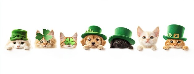 Fototapeta premium Adorable Group of Pets Dressed in Green Accessories for St. Patrick’s Day Celebration with Cats and Dogs Peeking Over a White Background