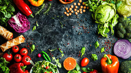 Vibrant food banner: colorful salads, healthy wraps, fresh juices. Bold text: "Healthy Choices." Delicious, nutritious, promoting wellness.