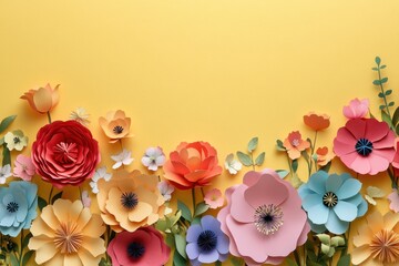 Fototapeta premium Top view of colorful paper cut flowers on light yellow background with space for text and copy space for web banner