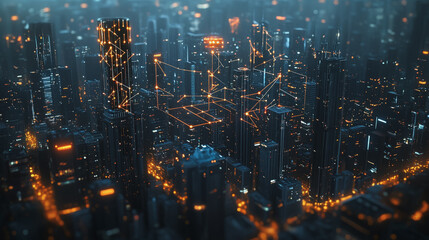 Smart digital Innovation city with connection network reciprocity over the cityscape. of future smart wireless digital city and social media networking systems that connects people with in city