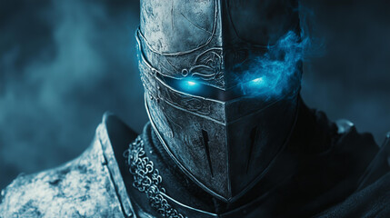 fantasy lifestyle concept, close-up portrait of a stoic knight with a glowing blue aura surrounding their face, helmet removed to reveal a scarred yet determined expression 
