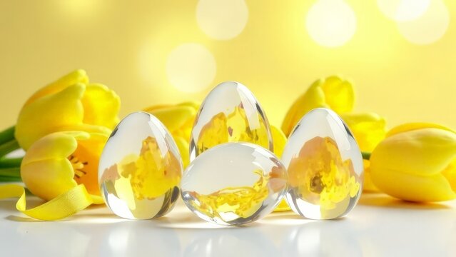 Easter card with transparent eggs and yellow flowers. - Powered by Adobe