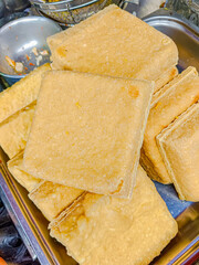 Square fried tofu at street food.