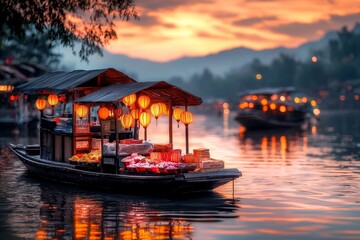 Obraz premium Asian Market Boat at Sunset Illuminated Lanterns River Scene Travel Photography