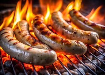 Delicious White Sausages Sizzling on a Charcoal BBQ Grill at Night