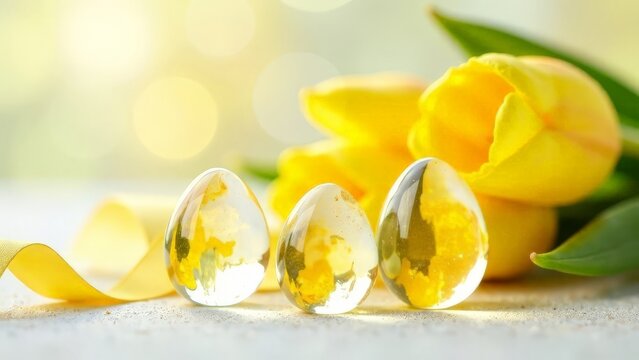 Easter card with transparent eggs and yellow flowers.