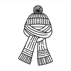 A simple, black and white line art illustration of a warm winter scarf. vector silhouette on a white background