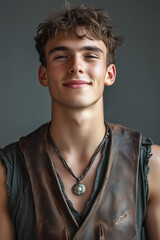 Obraz premium fantasy lifestyle concept, close-up portrait of a young adventurer with a confident smile, wearing a rugged leather vest and a simple pendant around their neck, isolated 
