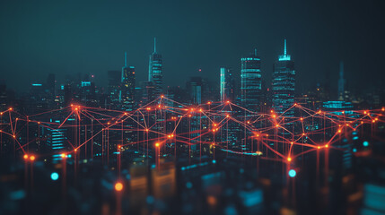 Smart digital Innovation city with connection network reciprocity over the cityscape. of future smart wireless digital city and social media networking systems that connects people with in city