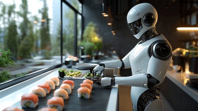 A futuristic scene featuring a robot in a sleek environment skillfully preparing sushi, highlighting technology and innovation in modern culinary arts with precision and elegance.