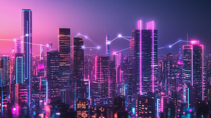 Obraz premium Smart digital Innovation city with connection network reciprocity over the cityscape. of future smart wireless digital city and social media networking systems that connects people with in city